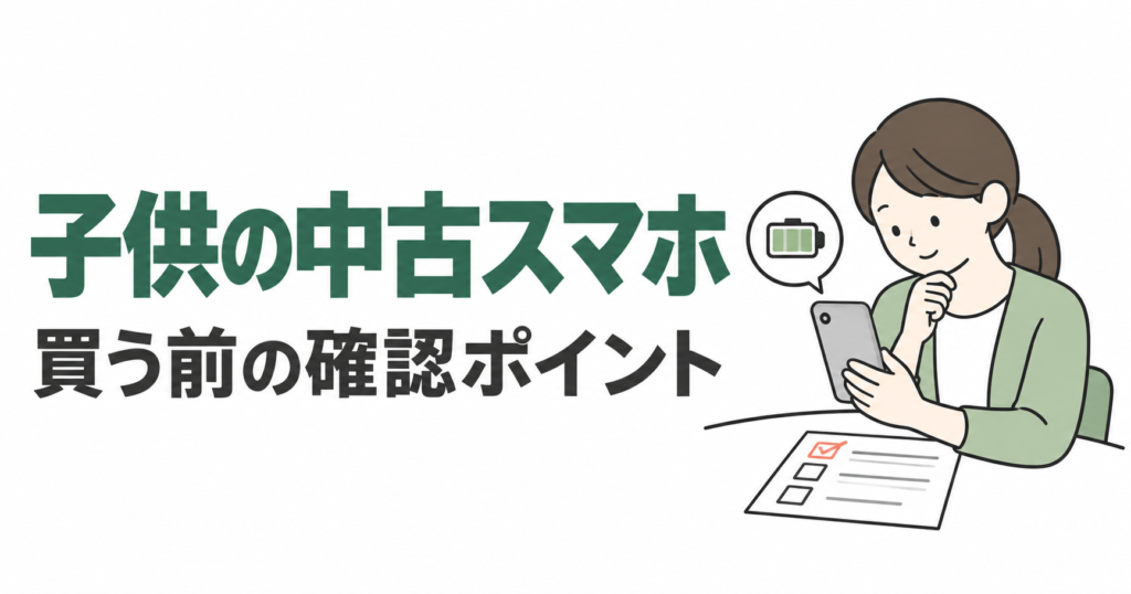 保護者が中古スマホの状態と購入前の確認事項を見るイラスト