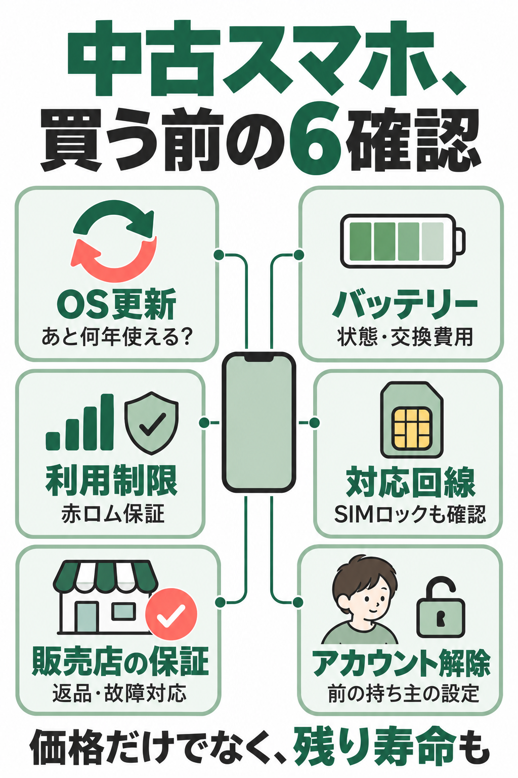 中古購入前にOS更新、バッテリー、ネットワーク利用制限、対応回線、販売店保証、前の持ち主のアカウント解除を確認する