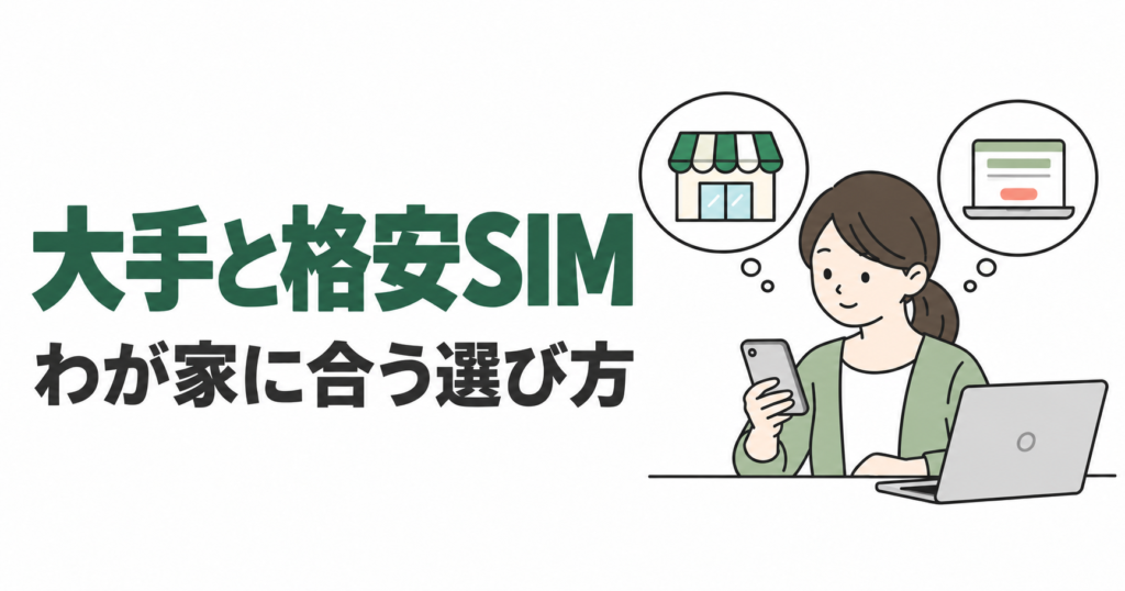店舗とオンライン手続きを比べながら、スマホを持つ保護者。大手と格安SIMの選び方